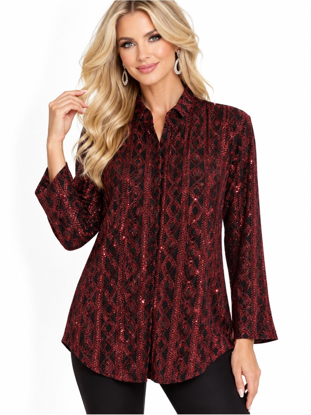 Jump Apparel Women’s 1X Black Red Metallic Sparkle Geometric Tunic Top